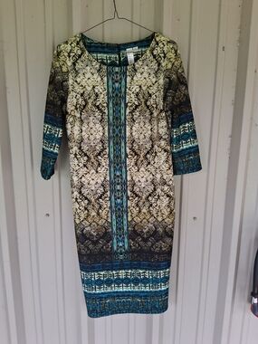 Women’s Teal Patterned Sheath Midi Dress Size Medium